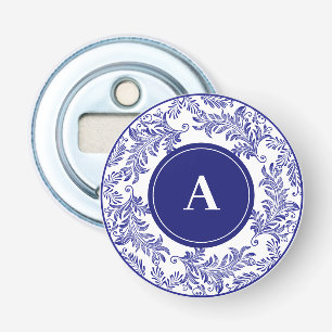 Classic Blauw & Wit Patroon Monogram Initiaal Button Flesopener