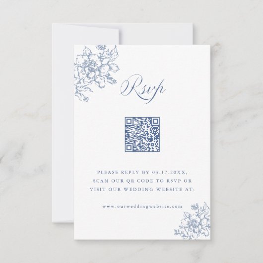 Classic Bloom Garden Dusty Blue Wedding QR Code RSVP Kaartje (Voorkant)