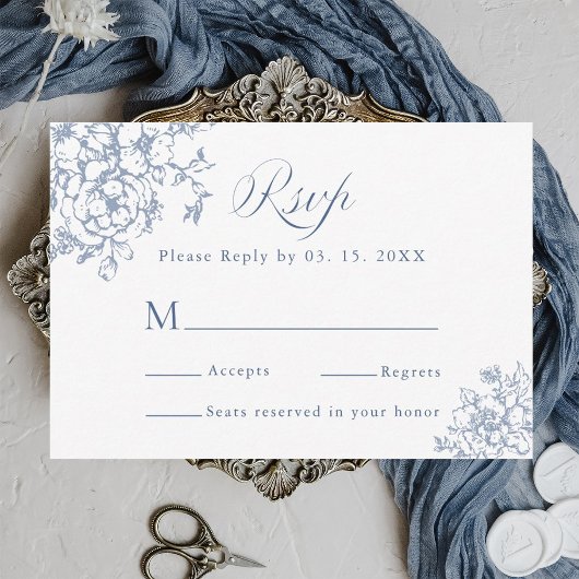 Classic Bloom Garden Dusty Blue Wedding RSVP Kaartje