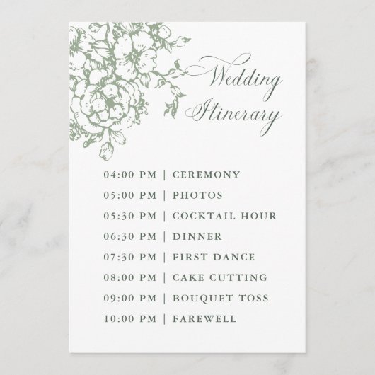 Classic Bloom Garden Sage Green Wedding Itinerary Programma (Voorkant)