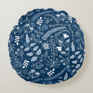 Classic Blue Boho Flowers Beauful Rond Kussen