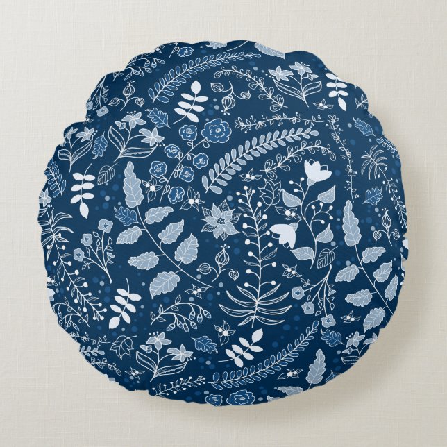 Classic Blue Boho Flowers Beauful Rond Kussen (Voorkant)