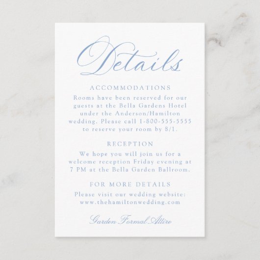 Classic Blue Calligraphy Wedding Details Informatiekaartje (Voorkant)