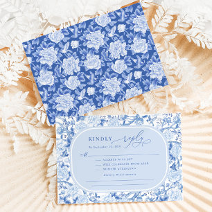 Classic Blue Chinoiserie Bird Peony Wedding RSVP Kaart
