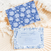 Classic Blue Chinoiserie Bird Peony Wedding RSVP Kaart