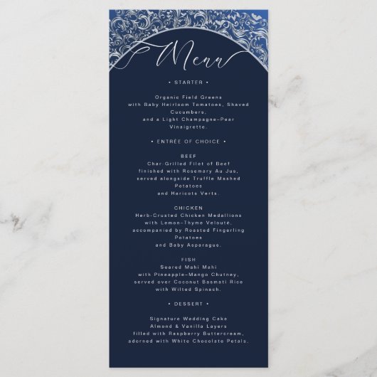 Classic Blue Damask Wedding Menu Kaart (Voorkant)