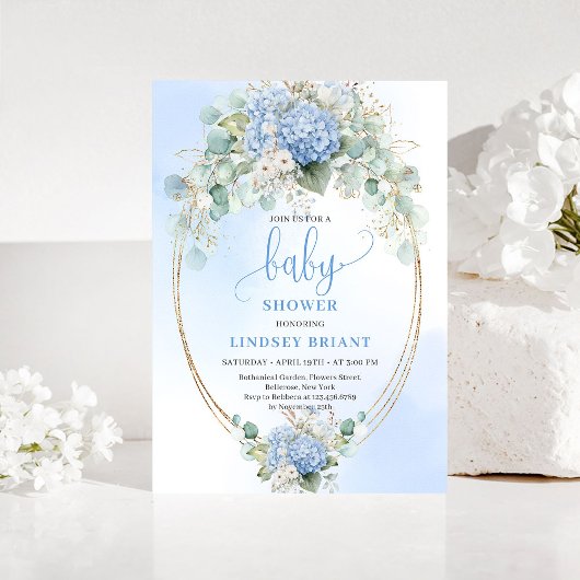 Classic Blue Floral Baby Shower Invitation Gold