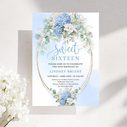 Classic Blue Floral Eucalyptus Sweet 16 Invitation