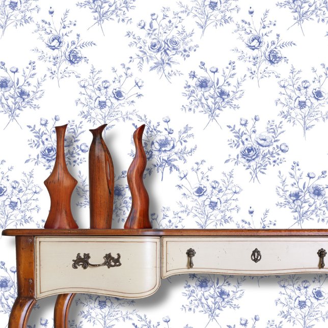 Classic Blue Flowers Pattern French blue toile  Behang (In situ)