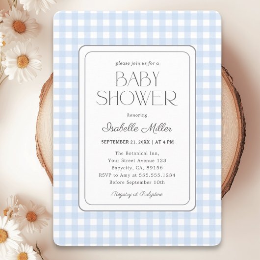Classic Blue Gingham Boy Baby shower Uitnodiging