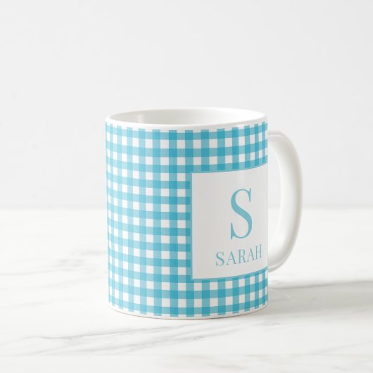 Classic Blue Gingham Plaid Monogram Name Koffiemok (Voorkant rechts)