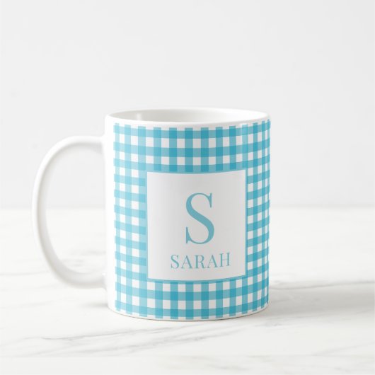 Classic Blue Gingham Plaid Monogram Name Koffiemok (Links)