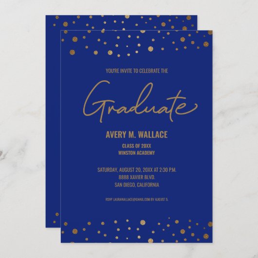 Classic Blue Gold Celebrate Afstuderen uitnodiging (Voorkant / Achterkant)