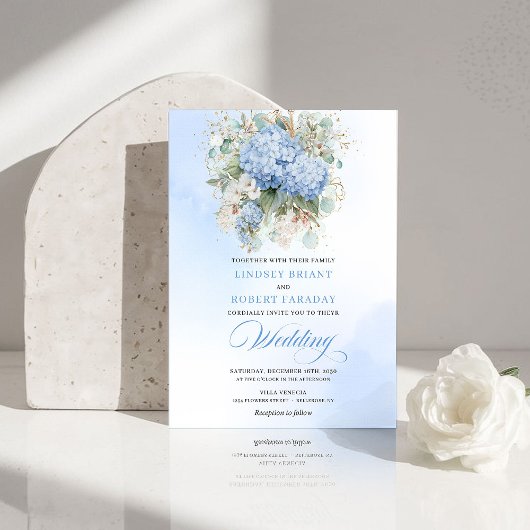 Classic Blue Hydrangea Watercolor Wedding Invitе Kaart