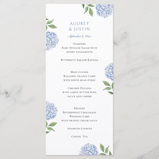 Classic Blue Hydrangea Wedding Dinner Menu (Voorkant)