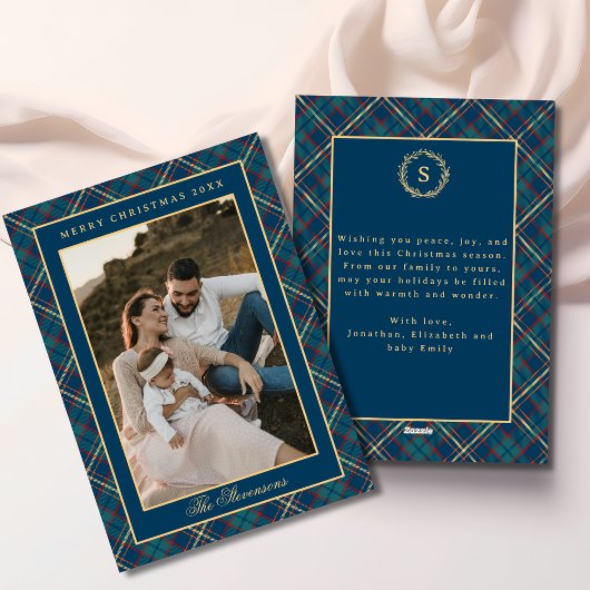 Classic Blue Plaid  Krans Foto Kerst Feestdagenkaart