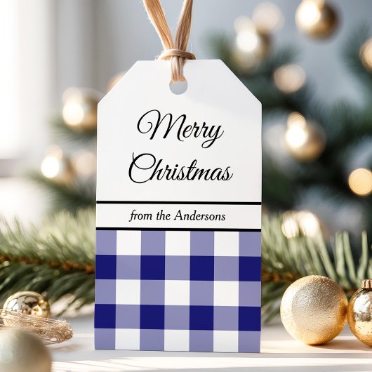 Classic Blue Plaid Vrolijk Kerstfeest Cadeaulabel