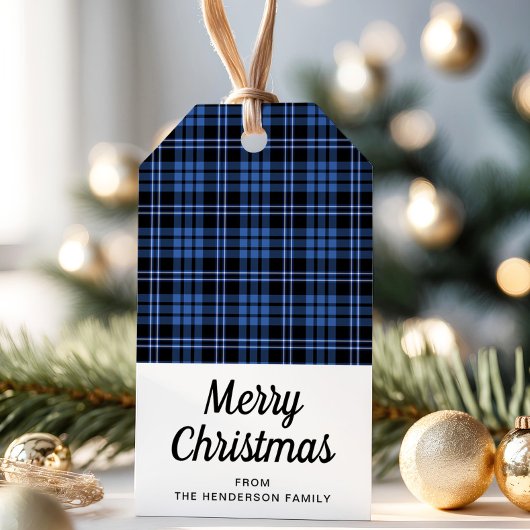 Classic Blue Plaid Vrolijk Kerstfeest Cadeaulabel