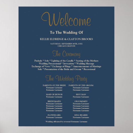 Classic Blue Simple Wedding Ceremony Program Sign Poster (Voorkant)