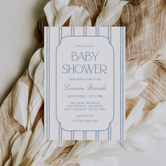 Classic Blue Striped Baby Shower Invitation Kaart