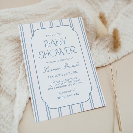 Classic Blue Striped Baby Shower Invitation Kaart