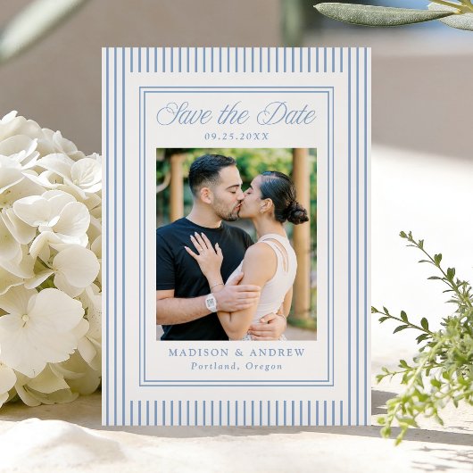 Classic Blue Stripes Photo Wedding Save The Date