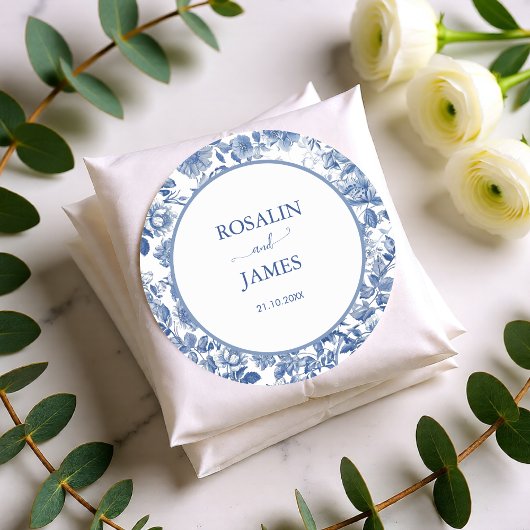 Classic Blue Toile Botanical Wedding Seal Label