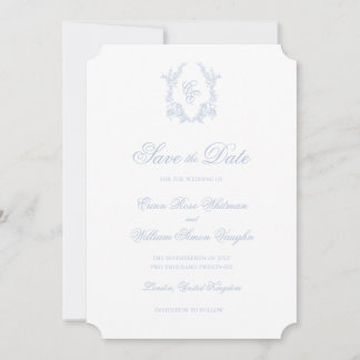 Classic Blue Wedding Crest Save The Date Invite Kaart