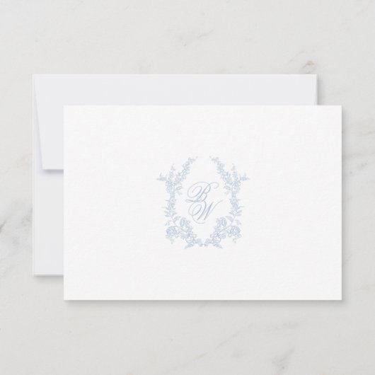 Classic Blue Wedding Monogram Crest QR RSVP Card (Dos)