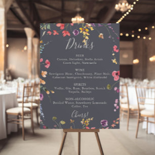 Classic Blue Wild Floral Wedding Drinken Menu Poster
