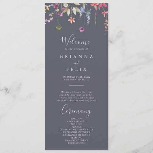 Classic Blue Wild Floral Wedding Programme Programma (Voorkant)