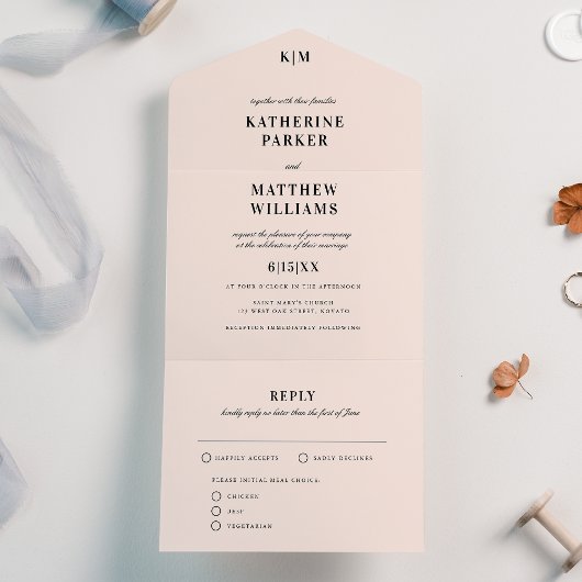 Classic Blush Pink Elegant Wedding All In One Uitnodiging