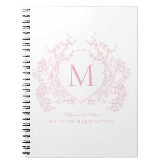 Classic Blush Pink Floral Crest Monogram Notitiebo Notitieboek (Voorkant)