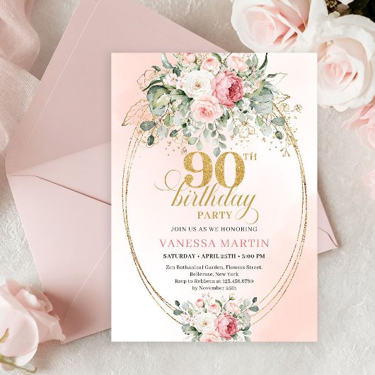 Classic Blush Roses Gold 90th Birthday Invitation