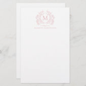 Classic Blush Roze Bloemen  Crest Monogram Briefpapier (Voorkant / Achterkant)