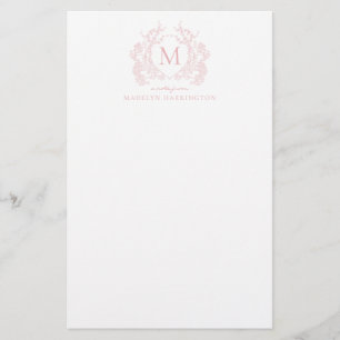 Classic Blush Roze Bloemen  Crest Monogram Briefpapier