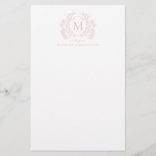 Classic Blush Roze Bloemen  Crest Monogram Briefpapier (Voorkant)