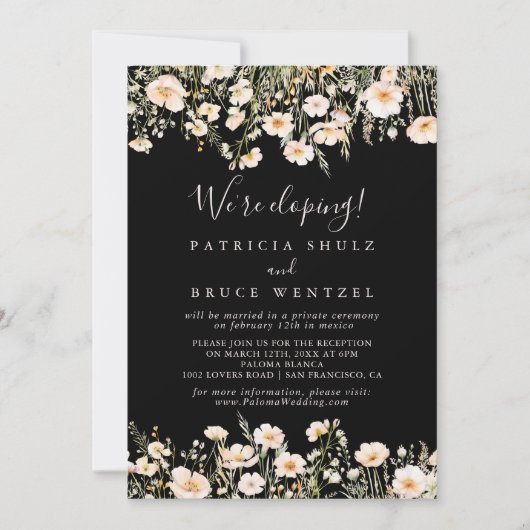 Classic Blush Wildflower Black Elopement Receptie Kaart (Voorkant)