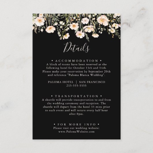 Classic Blush Wildflower Black Wedding Details Informatiekaartje (Voorkant)