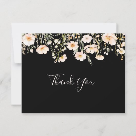 Classic Boho Blush Wildflower Flat Black Wedding Bedankkaart (Voorkant)