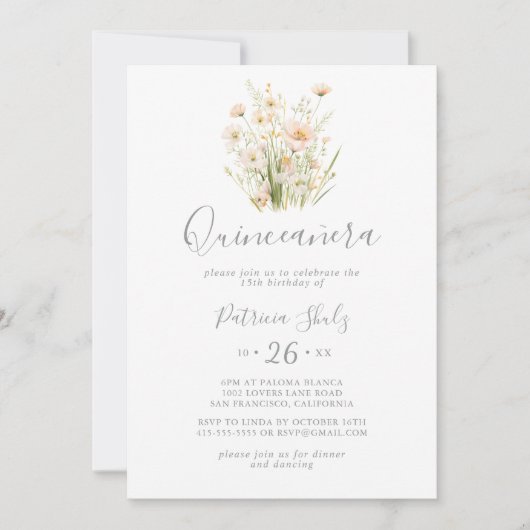 Classic Boho Blush Wildflower Quinceañera Kaart (Voorkant)