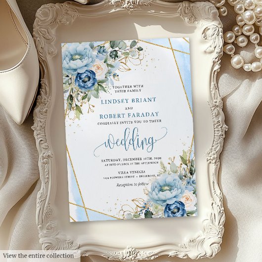 Classic boho dusty blue white flowers wedding kaart