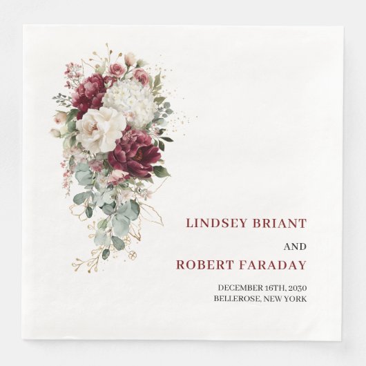 Classic Boho Maroon Blush Gold Roses Wedding Paper Servet (Voorkant)