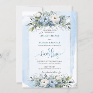 Classic Boho Pastel Blauw Zilveren Rozen bruiloft Kaart