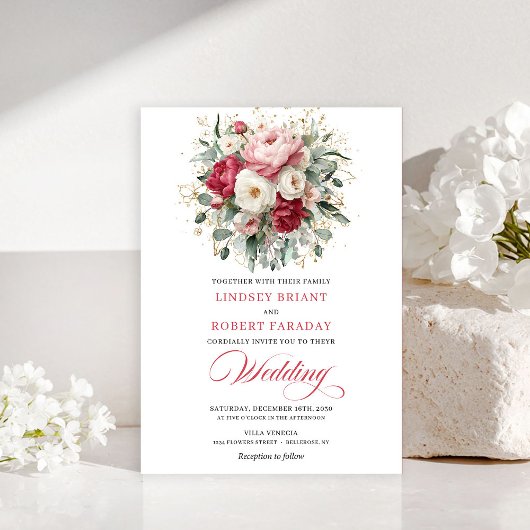 Classic Boho Ruby Red Blush Gold Floral Invitation