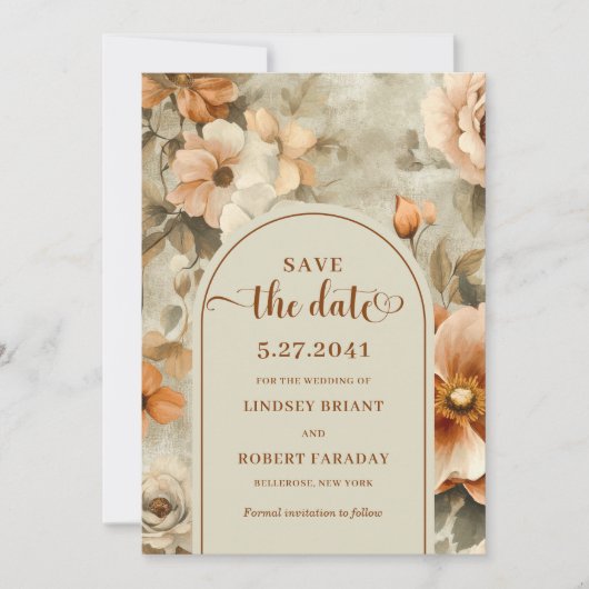 Classic Boho Terra Cotta Olive Floral Save Date Kaart (Voorkant)
