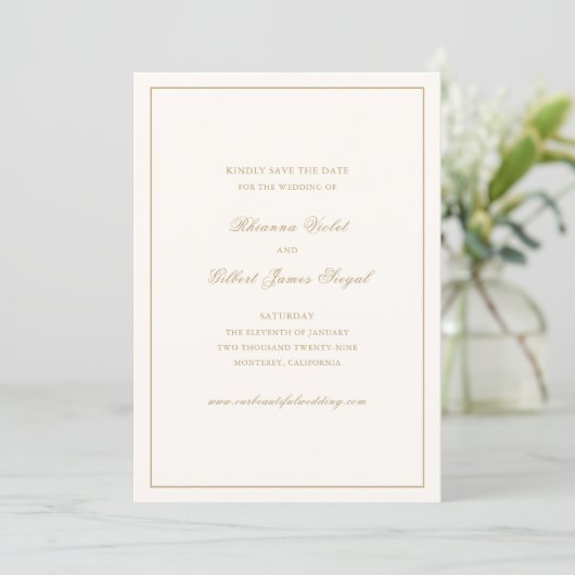 Classic Border Ivory and Gold Timeless Wedding Save The Date (Staand voorkant)