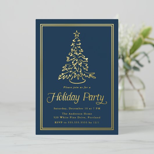 Classic Border Navy Christmas Tree Holiday Party Folie Uitnodiging (Staand Voorkant)