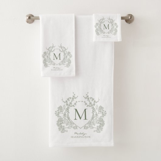 Classic Botanique Sage Vert Floral Crest Monogramm (En situation)