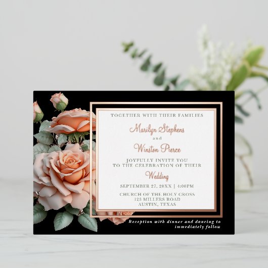 Classic bruiloft perzik Roos Folie uitnodiging (Staand Voorkant)